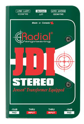 RADIAL JDI STEREO BOITE DE DIRECT passive, stéréo, 2x entrée jack 6.3mm, 2x boucle jack 6.35mm