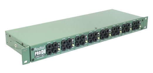 RADIAL PROD8 BOITE DE DIRECT passive, 8 can., entrée A/B jack 6.35mm, boucle jack 6.3mm, install.rack