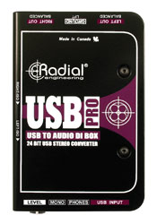 RADIAL USB-PRO BOITE DE DIRECT active, stéréo, entrée USB type-B