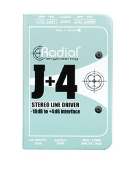 RADIAL J+4 STEREO AMPLI DE SIGNAL ligne, symétrique -10dB à +4dB, entrées jack 6.35mm/phono