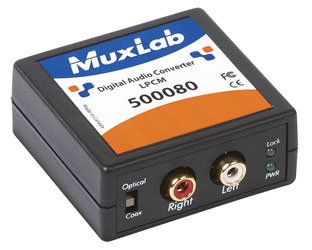 MUXLAB 500080 CONVERTISSEUR AUDIO NUM. LPCM, S/PDif RCA, entrée Toslink, 2x sortie analo. RCA