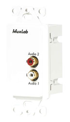 MUXLAB 500028-WP BALUN AUDIO plaque murale, stereo Hi-Fi, dual female RCA, 1-gang US, blanc