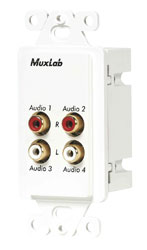 MUXLAB 500033-WP BALUN AUDIO plaque murale, 4-channel, 4x female RCA, 1-gang US, blanc