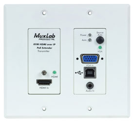 MUXLAB 500777 EXTENDER VIDEO plaque murale, émetteur, HDMI/VGA/USB, UHD-4K, 2-gang US, Decora, blanc