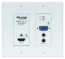 MUXLAB 500773 EXTENDER VIDEO plaque murale, émetteur, HDMI/VGA, UHD-4K, 2-gang US, Decora, blanc