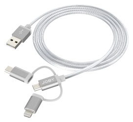 JOBY CHARGE AND SYNC CORDON USB-A vers USB-C/MicroUSB/Lightning, nylon tressé, 2.4A, 1.2m, gris