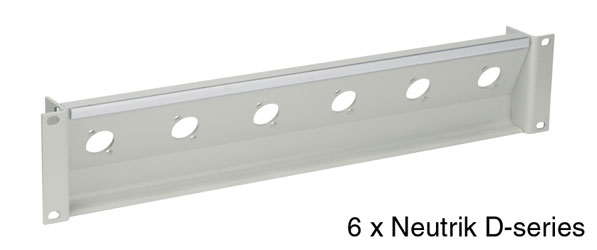 CANFORD PANNEAU DE CONNEX.2U incliné, 6x découpe Neutrik D-series/opticalcon/Fibreco mini, gris clair