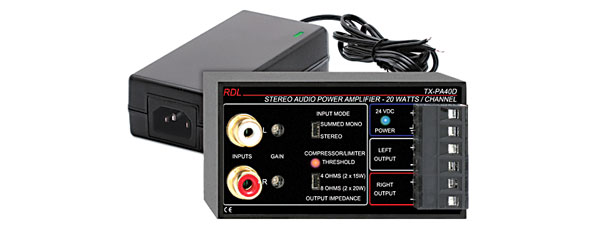 RDL TX-PA40D AMPLIFICATEUR DE PUISSANCE 2x 20W/8, 2x 15W/4, avec alim.PS-24V3