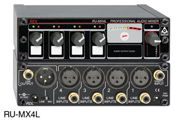 RDL RU-MX4LT MIXEUR mono, 4x entrées ligne, entrée/sortie XLR/RCA, transfo de sortie