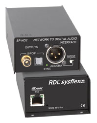 RDL SF-ND2 INTERFACE DANTE sortie, 1x sortie AES/SPDIF/optique, sorties XLR/RCA/Toslink