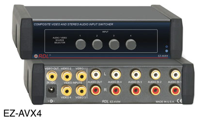 RDL EZ-AVX4 COMMUTATEUR D'ENTREE audio+vidéo,stéréo, composite, 4x1, 15xentr/sort.RCA, adapt.secteur