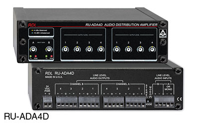 RDL RU-ADA4D AMPLI DE DISTRIBUTION audio niveau ligne, 1x4 stéréo ou 1x8 mono, entrée/sortie borne