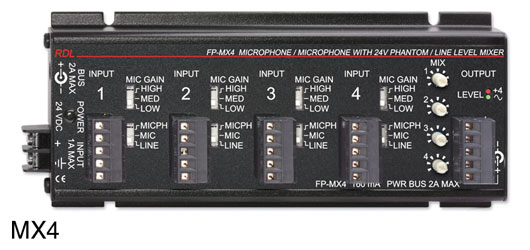 RDL FP-MX4 MELANGEUR audio, 4x entrée micro/ligne symétrique, fantôme 24V, entrée/sortie borne