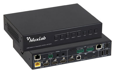 MUXLAB 500533 COMMUTATEUR DE PRESENTATION 2x1, USB-C, compatible Dante