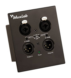 MUXLAB 500558 CONVERTISSEUR AUDIO plaque murale, analogique XLR vers Dante, 2 canaux, noir