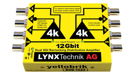 LYNX YELLOBRIK DVD 1423 AMPLIFICATEUR DE DISTRIBUTION vidéo, double 1>3, 12G-4K UHD/6G/3G/1.5G/SD-SDI