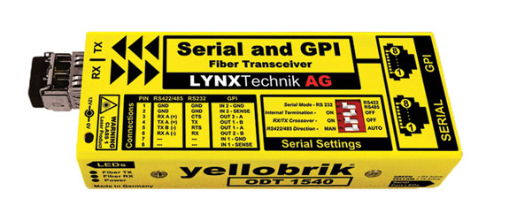 LYNX YELLOBRIK ODT 1540 EMETTEUR-RECEPTEUR FIBRE OPTIQUE RS232/422/485/2x GPI, 2x SM CWDM (sans SFP)