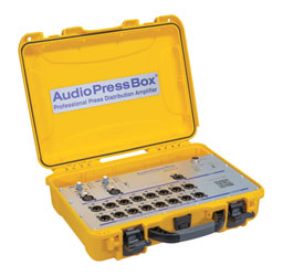 AUDIOPRESSBOX APB-216 C-D SPLITTER DE CONF. portable, Dante, actif, 2x16, alim externe/accu, jaune