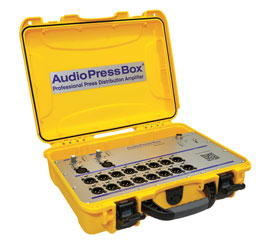 AUDIOPRESSBOX APB-216 C SPLITTER DE CONFERENCE actif, 2x entrées, 16x sorties, alim.ext/accu, jaune