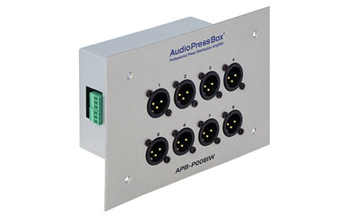 AUDIOPRESSBOX APB-P008 IW-EX EXTENS.SPLITTER à encast.au mur, 2x entr.ligne, 8x sort.micro, argent