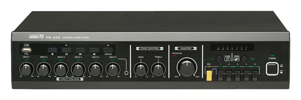 INTER-M PA212 AMPLI MÉLANGEUR 1x 120W, 70/100V/Low-Z, 6 entrées, entr.USB, carillon/sirène